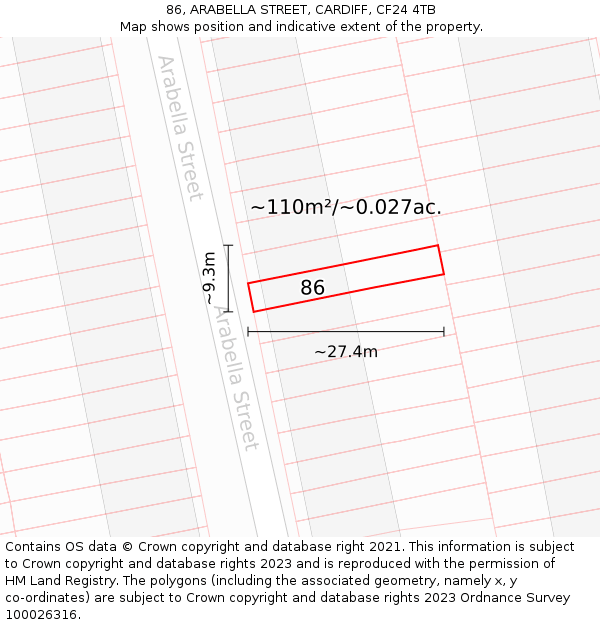 86, ARABELLA STREET, CARDIFF, CF24 4TB: Plot and title map