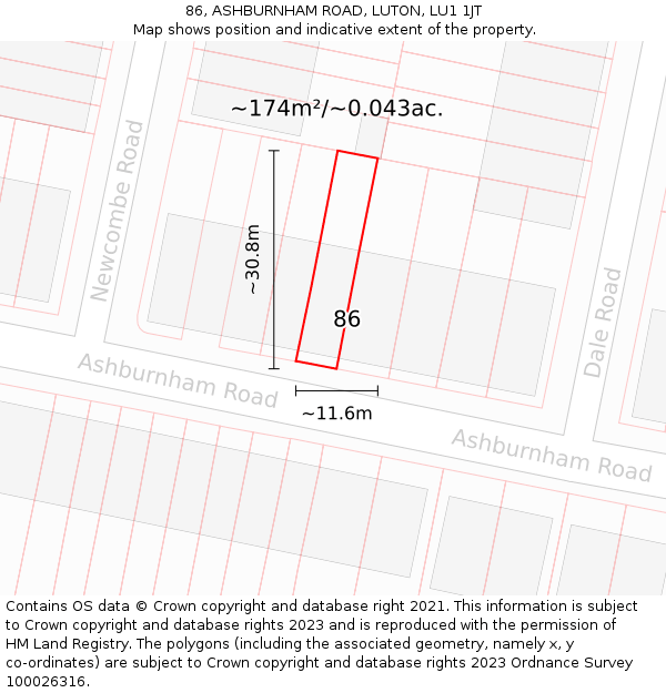 86, ASHBURNHAM ROAD, LUTON, LU1 1JT: Plot and title map