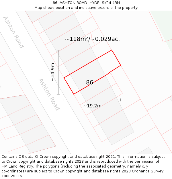 86, ASHTON ROAD, HYDE, SK14 4RN: Plot and title map