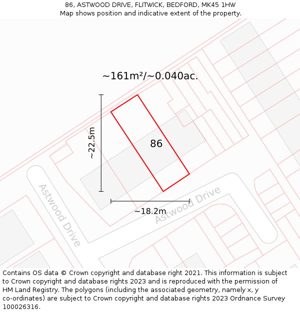 86, ASTWOOD DRIVE, FLITWICK, BEDFORD, MK45 1HW: Plot and title map