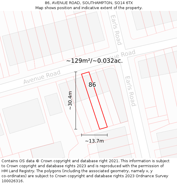 86, AVENUE ROAD, SOUTHAMPTON, SO14 6TX: Plot and title map