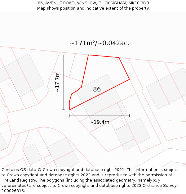 86, AVENUE ROAD, WINSLOW, BUCKINGHAM, MK18 3DB: Plot and title map
