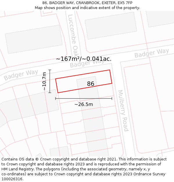 86, BADGER WAY, CRANBROOK, EXETER, EX5 7FP: Plot and title map