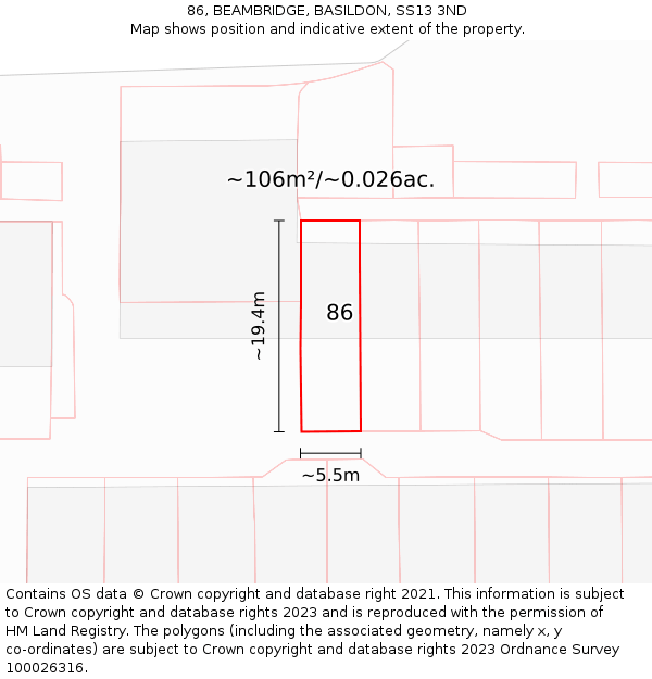 86, BEAMBRIDGE, BASILDON, SS13 3ND: Plot and title map