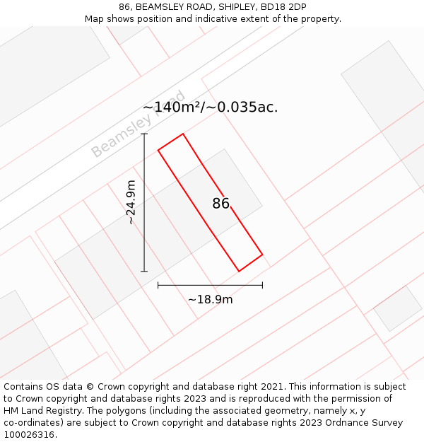 86, BEAMSLEY ROAD, SHIPLEY, BD18 2DP: Plot and title map