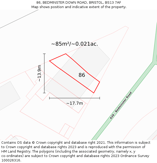 86, BEDMINSTER DOWN ROAD, BRISTOL, BS13 7AF: Plot and title map