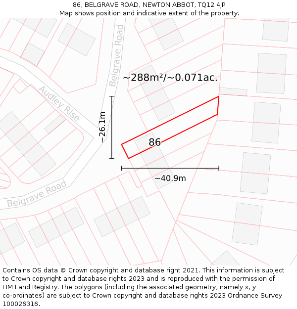 86, BELGRAVE ROAD, NEWTON ABBOT, TQ12 4JP: Plot and title map