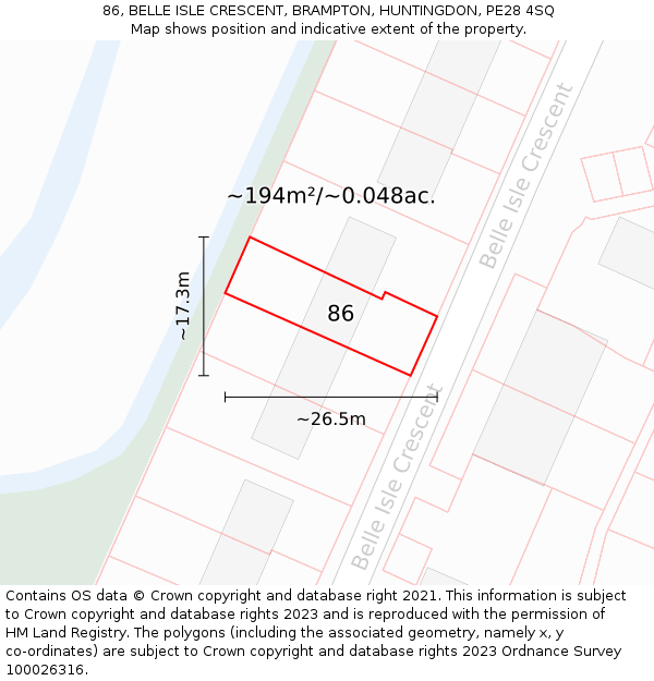 86, BELLE ISLE CRESCENT, BRAMPTON, HUNTINGDON, PE28 4SQ: Plot and title map