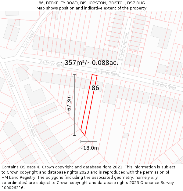 86, BERKELEY ROAD, BISHOPSTON, BRISTOL, BS7 8HG: Plot and title map