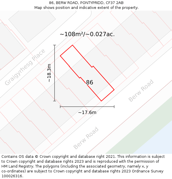 86, BERW ROAD, PONTYPRIDD, CF37 2AB: Plot and title map