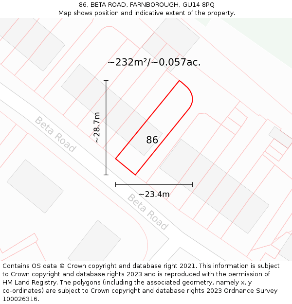 86, BETA ROAD, FARNBOROUGH, GU14 8PQ: Plot and title map