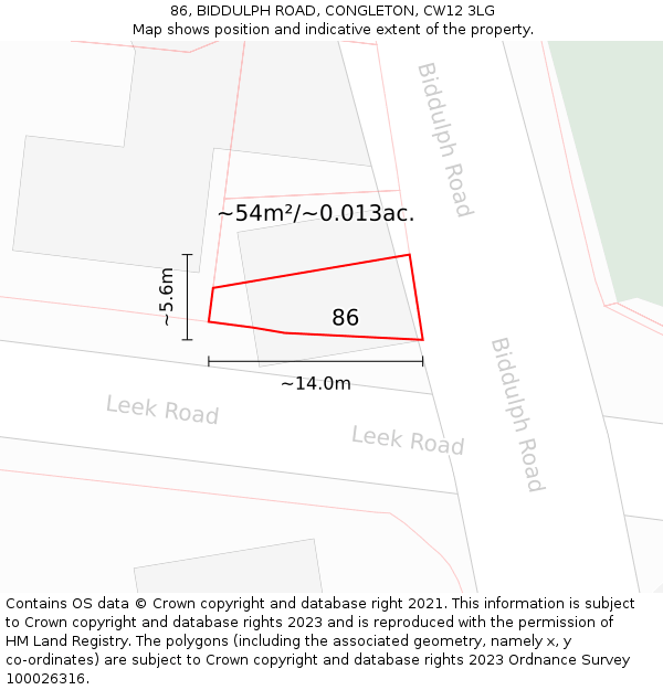 86, BIDDULPH ROAD, CONGLETON, CW12 3LG: Plot and title map