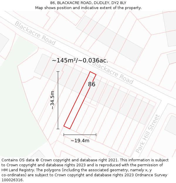 86, BLACKACRE ROAD, DUDLEY, DY2 8LY: Plot and title map