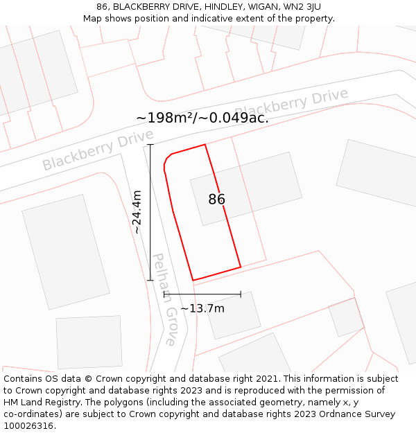 86, BLACKBERRY DRIVE, HINDLEY, WIGAN, WN2 3JU: Plot and title map