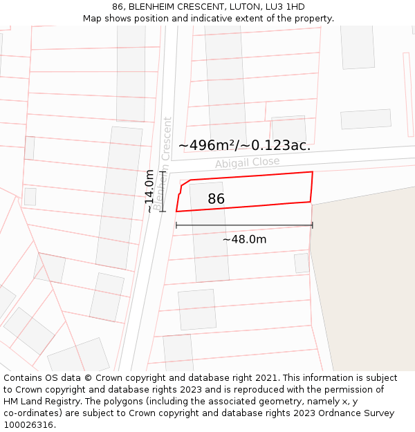 86, BLENHEIM CRESCENT, LUTON, LU3 1HD: Plot and title map