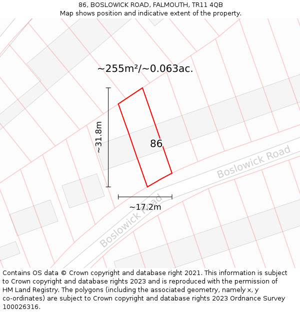 86, BOSLOWICK ROAD, FALMOUTH, TR11 4QB: Plot and title map
