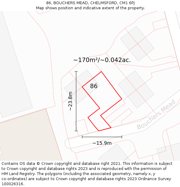 86, BOUCHERS MEAD, CHELMSFORD, CM1 6PJ: Plot and title map