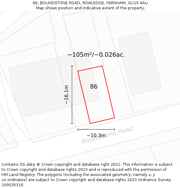 86, BOUNDSTONE ROAD, ROWLEDGE, FARNHAM, GU10 4AU: Plot and title map