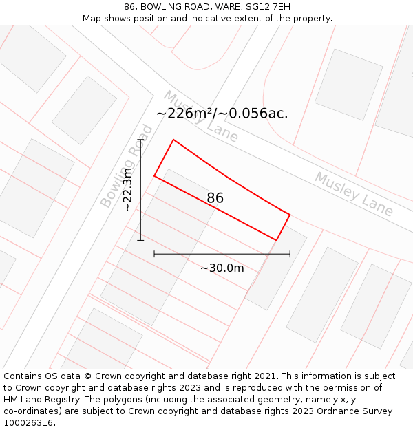 86, BOWLING ROAD, WARE, SG12 7EH: Plot and title map