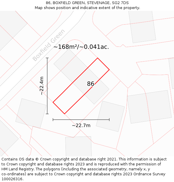 86, BOXFIELD GREEN, STEVENAGE, SG2 7DS: Plot and title map
