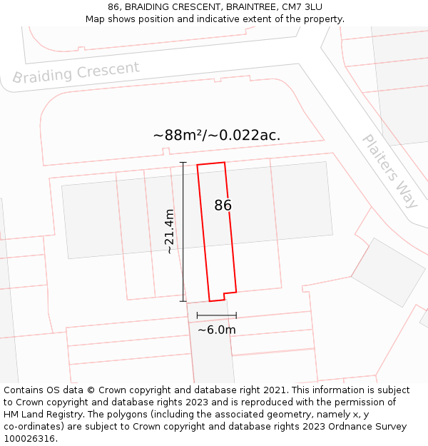86, BRAIDING CRESCENT, BRAINTREE, CM7 3LU: Plot and title map