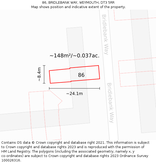 86, BRIDLEBANK WAY, WEYMOUTH, DT3 5RR: Plot and title map