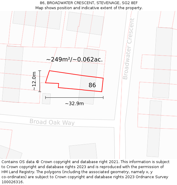 86, BROADWATER CRESCENT, STEVENAGE, SG2 8EF: Plot and title map