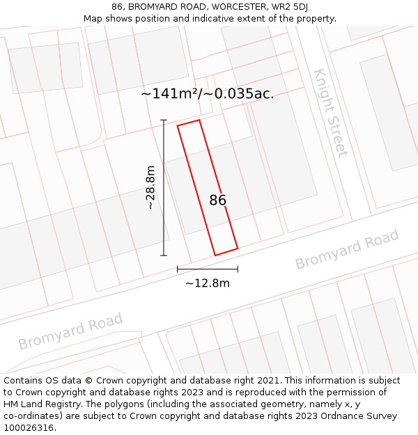 86, BROMYARD ROAD, WORCESTER, WR2 5DJ: Plot and title map