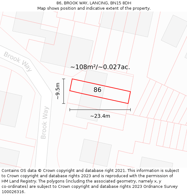 86, BROOK WAY, LANCING, BN15 8DH: Plot and title map