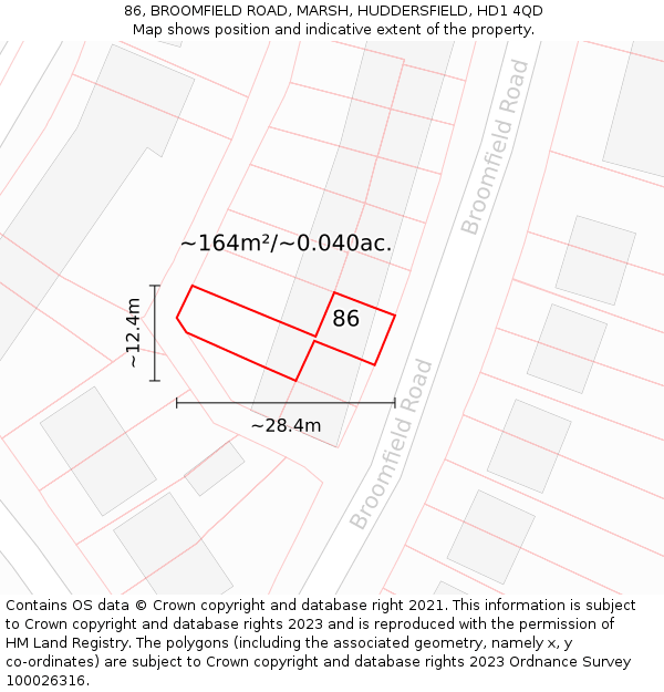 86, BROOMFIELD ROAD, MARSH, HUDDERSFIELD, HD1 4QD: Plot and title map