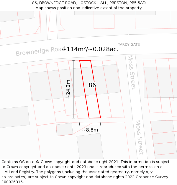 86, BROWNEDGE ROAD, LOSTOCK HALL, PRESTON, PR5 5AD: Plot and title map