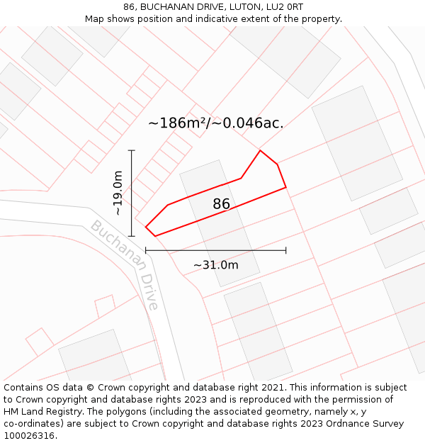 86, BUCHANAN DRIVE, LUTON, LU2 0RT: Plot and title map