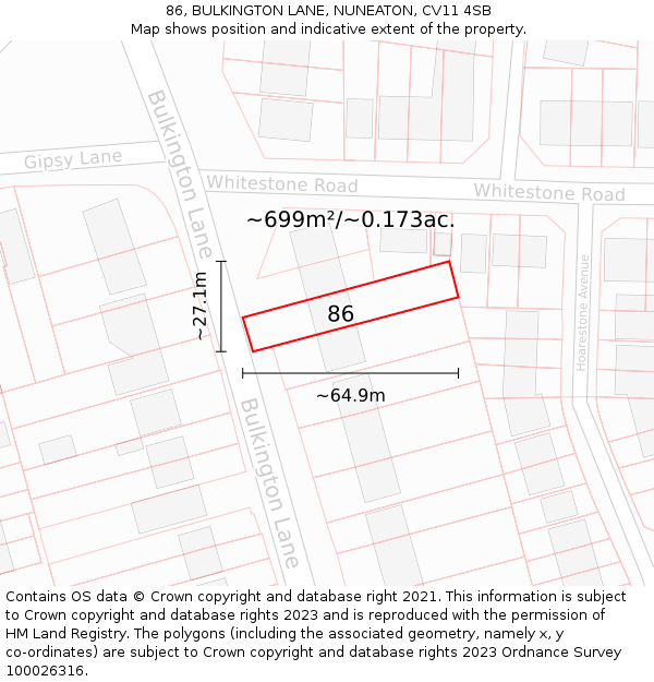 86, BULKINGTON LANE, NUNEATON, CV11 4SB: Plot and title map