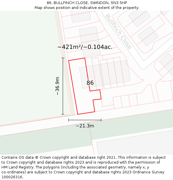 86, BULLFINCH CLOSE, SWINDON, SN3 5HP: Plot and title map