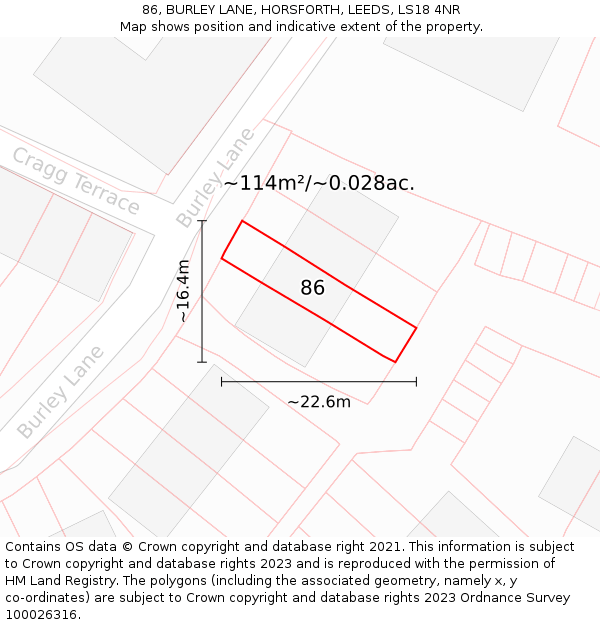 86, BURLEY LANE, HORSFORTH, LEEDS, LS18 4NR: Plot and title map