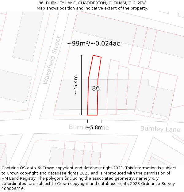 86, BURNLEY LANE, CHADDERTON, OLDHAM, OL1 2PW: Plot and title map