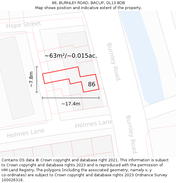 86, BURNLEY ROAD, BACUP, OL13 8DB: Plot and title map
