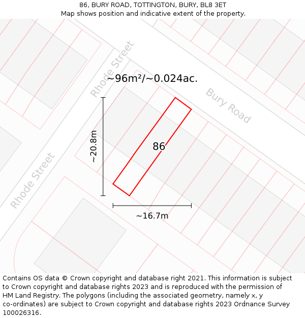 86, BURY ROAD, TOTTINGTON, BURY, BL8 3ET: Plot and title map
