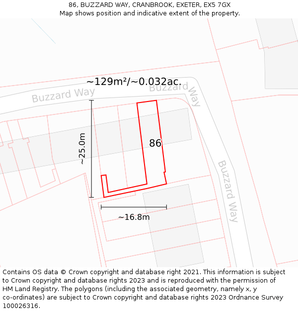 86, BUZZARD WAY, CRANBROOK, EXETER, EX5 7GX: Plot and title map