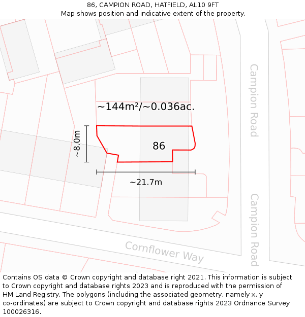 86, CAMPION ROAD, HATFIELD, AL10 9FT: Plot and title map