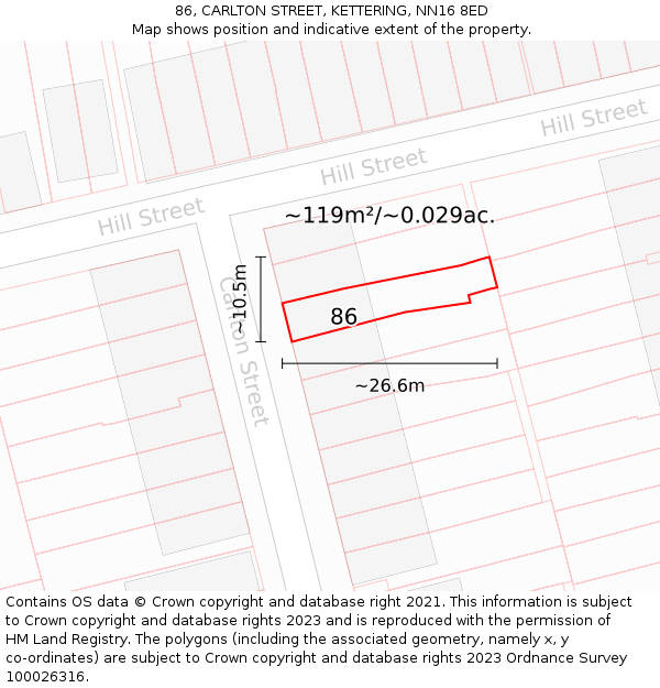86, CARLTON STREET, KETTERING, NN16 8ED: Plot and title map