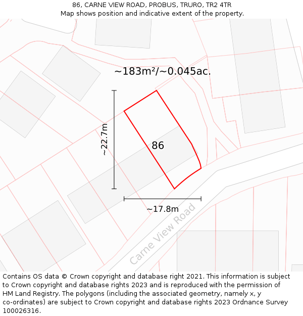 86, CARNE VIEW ROAD, PROBUS, TRURO, TR2 4TR: Plot and title map