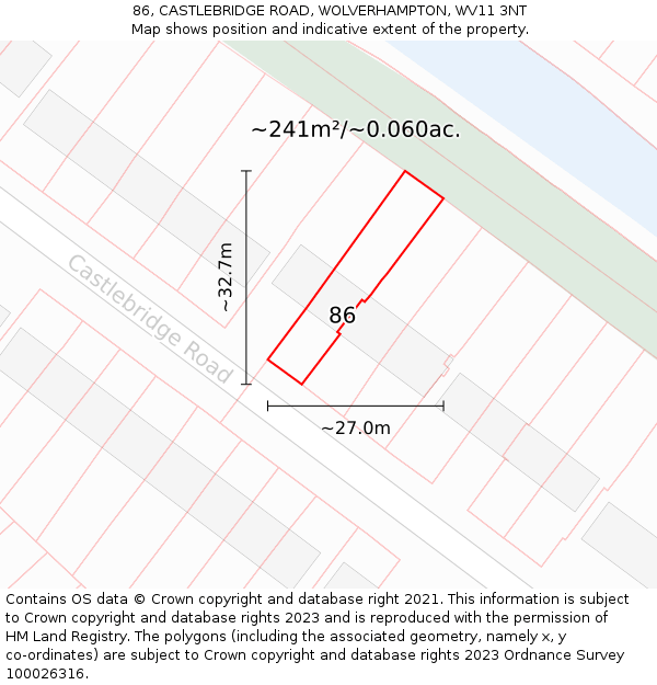 86, CASTLEBRIDGE ROAD, WOLVERHAMPTON, WV11 3NT: Plot and title map