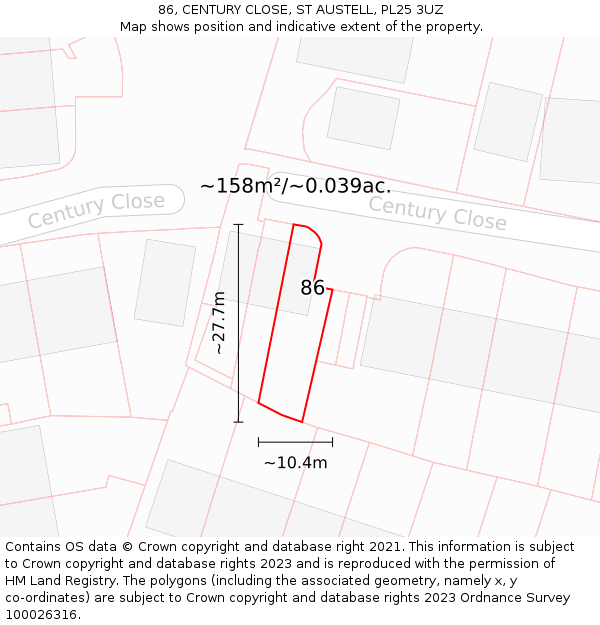 86, CENTURY CLOSE, ST AUSTELL, PL25 3UZ: Plot and title map