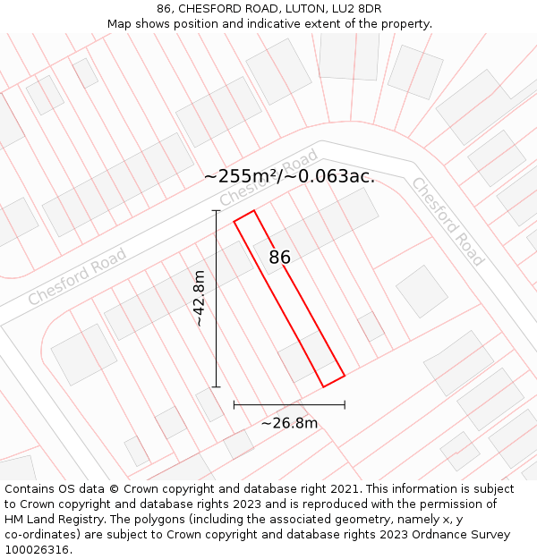 86, CHESFORD ROAD, LUTON, LU2 8DR: Plot and title map