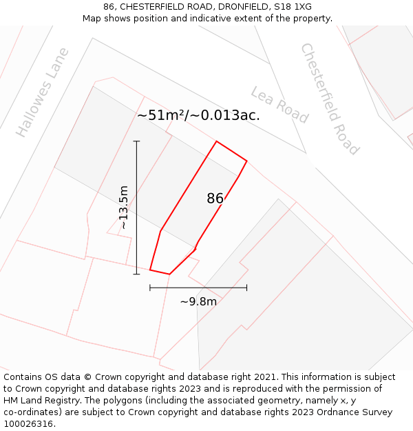 86, CHESTERFIELD ROAD, DRONFIELD, S18 1XG: Plot and title map