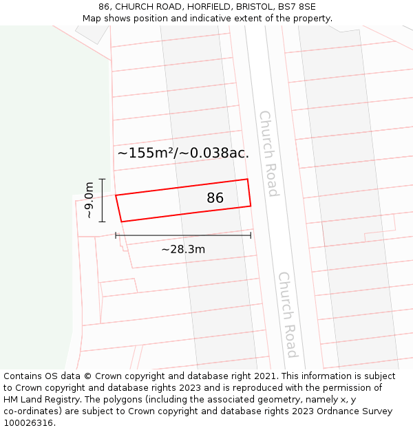 86, CHURCH ROAD, HORFIELD, BRISTOL, BS7 8SE: Plot and title map