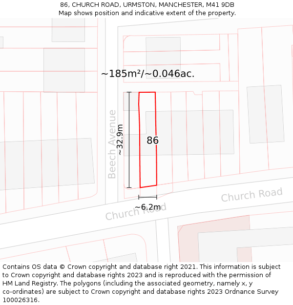 86, CHURCH ROAD, URMSTON, MANCHESTER, M41 9DB: Plot and title map