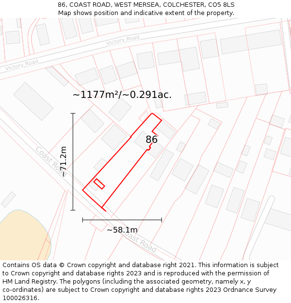 86, COAST ROAD, WEST MERSEA, COLCHESTER, CO5 8LS: Plot and title map