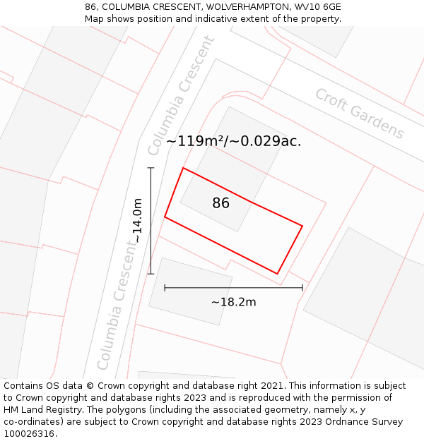 86, COLUMBIA CRESCENT, WOLVERHAMPTON, WV10 6GE: Plot and title map